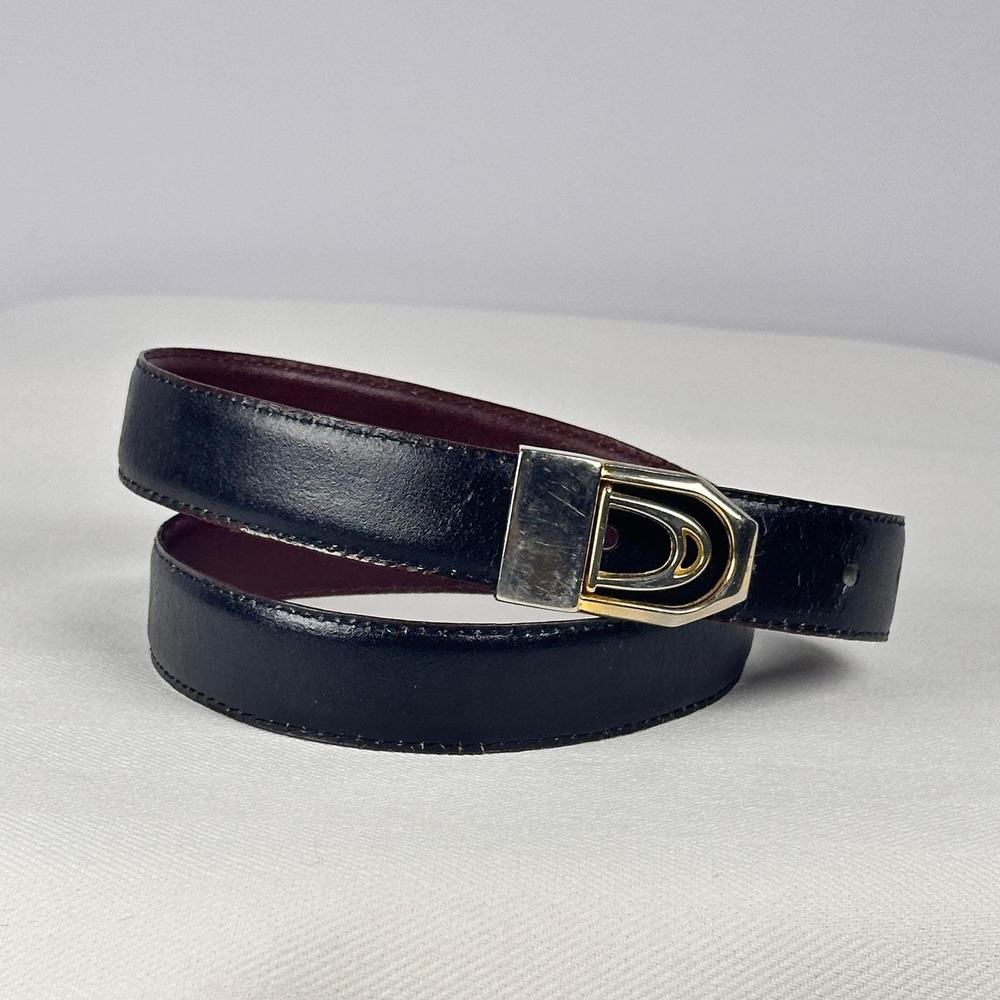 Vintage Burgundy and Black Reversible Leather Belt Two Tone Gold Buckle 30-34" - Picture 2 of 7